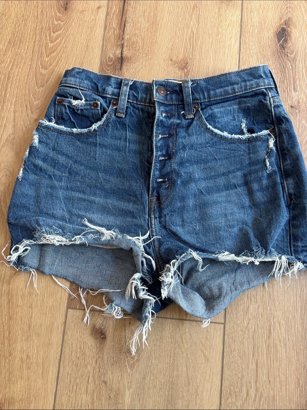 Distressed High-Waist Denim Shorts - Dark Blue